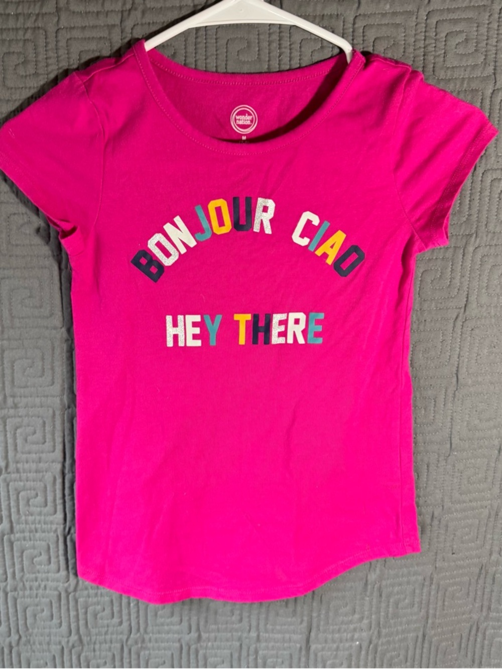 Wonder Nation Girls Medium 7/8 T-Shirt Pink Bonjour Ciao Hey There Short Sleeve